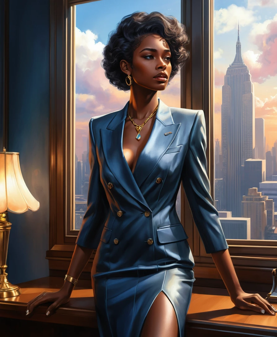 Thoughtful business woman in suit gazing out window