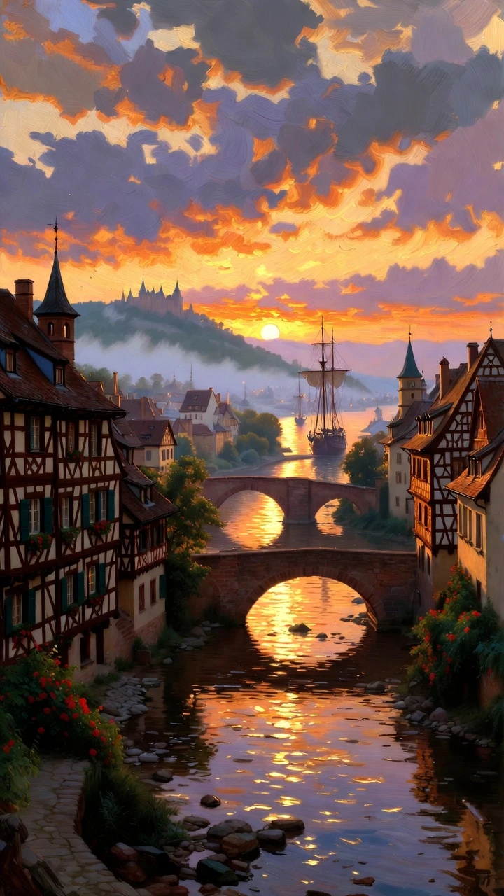 Aerial medieval riverside town glowing in sunset light