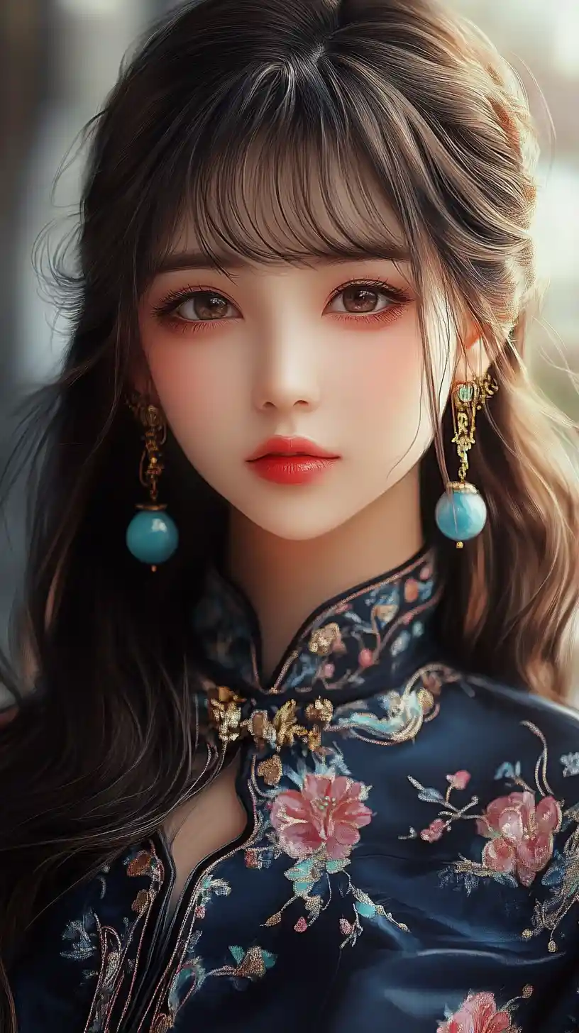 Elegant anime portrait of an asian woman in floral silk blouse