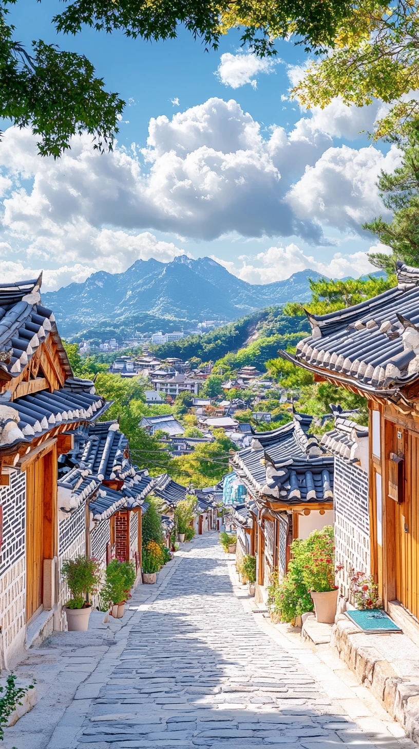 Watercolor alleyway in a traditional Korean hanok village