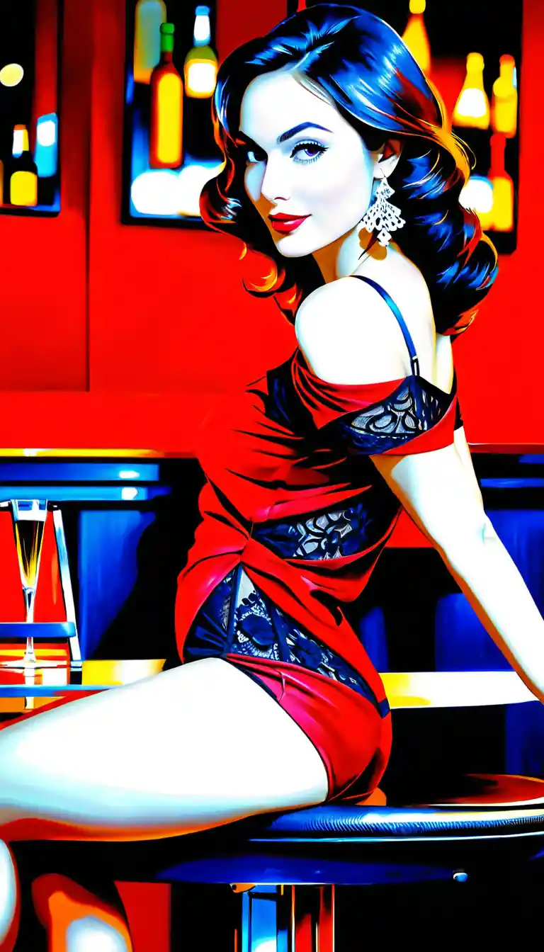 Elegant woman at night bar with glass of red wine