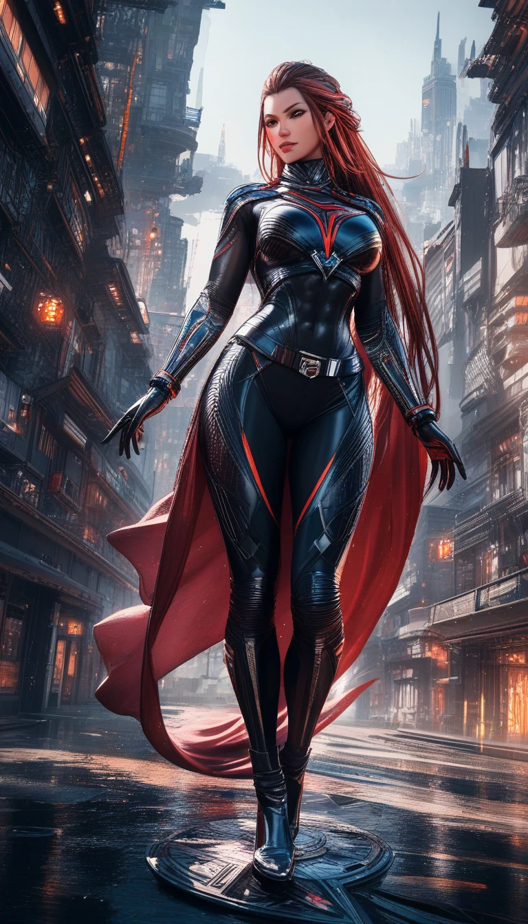 Tall auburn haired woman in a detailed sci fi city
