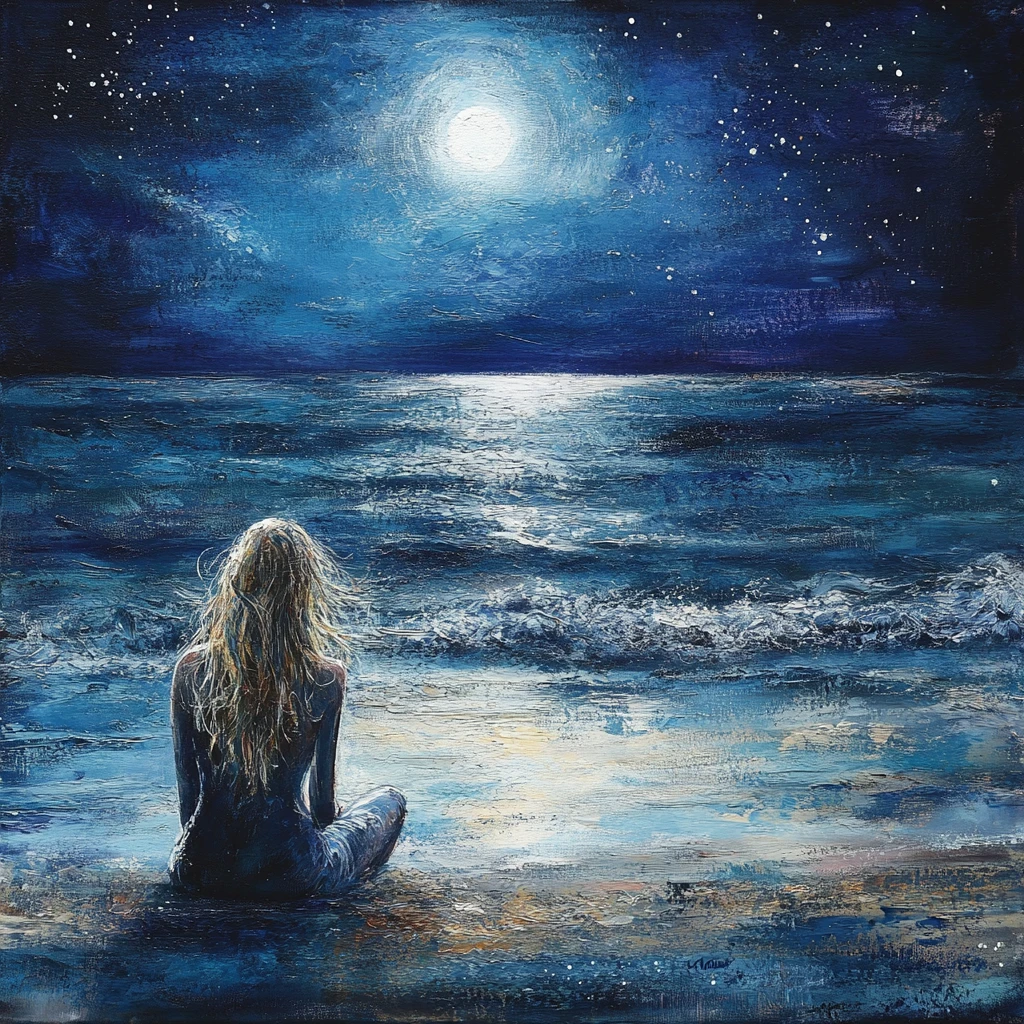 Woman entering calm ocean under a luminous full moon