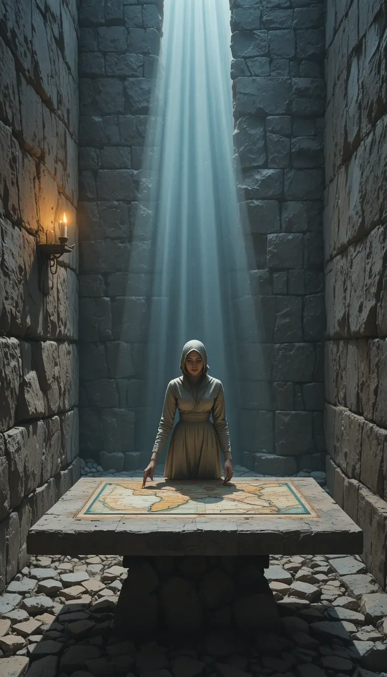 Noble woman at stone table lit by a single candle