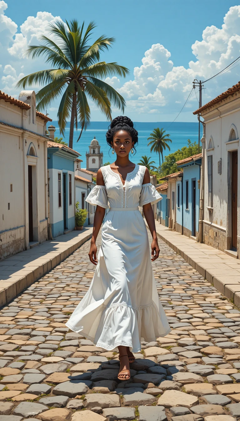 Young woman on sunlit bahian cobblestone street