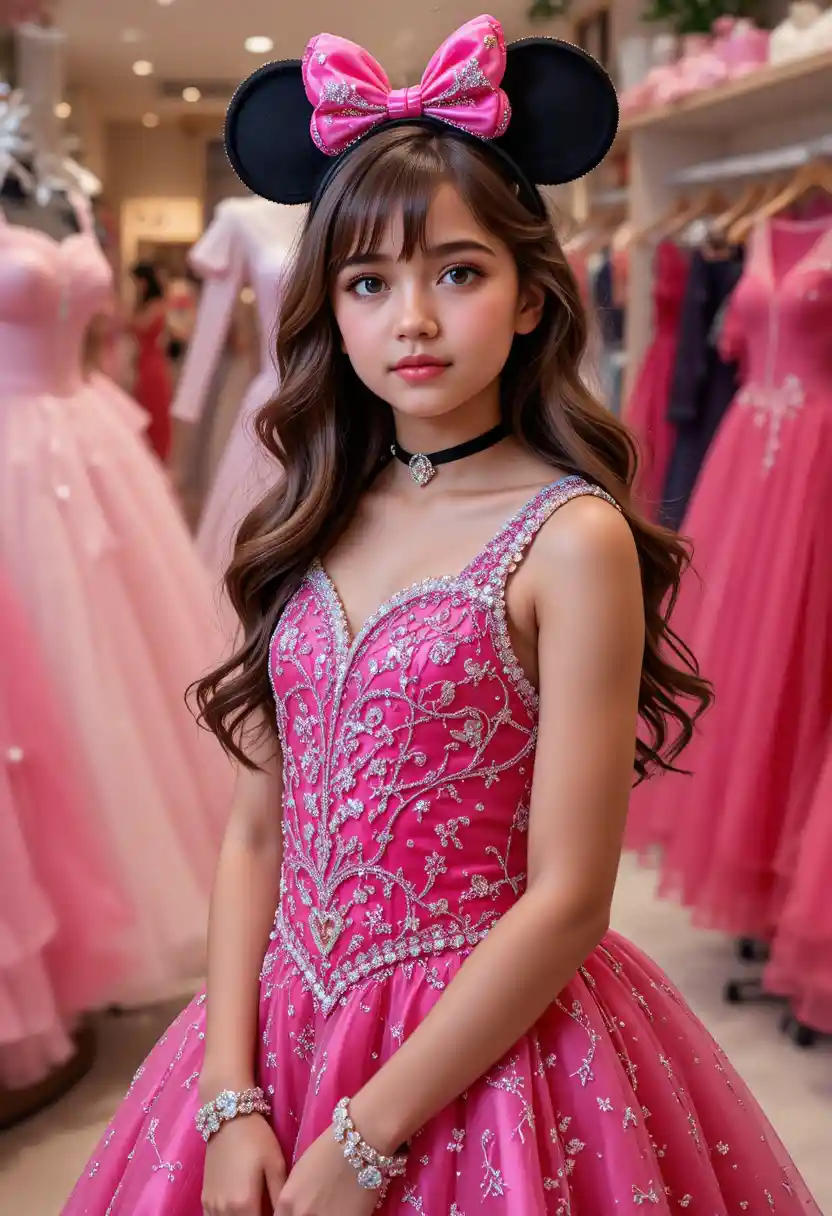 Junges Mädchen im pinken Minnie-Kleid in einer Boutique