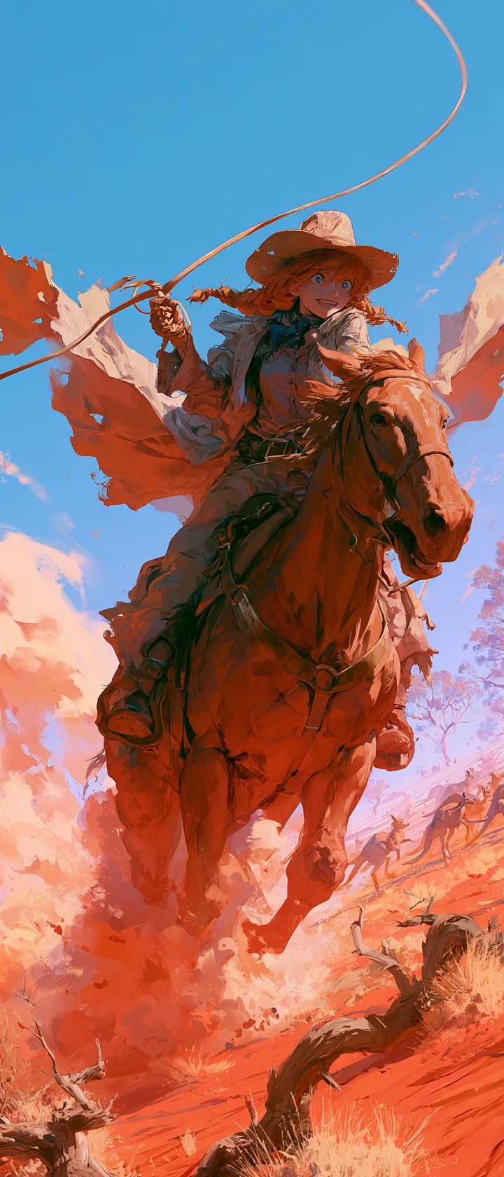 Vaquera de anime montando un caballo salvaje entre el polvo rojo del desierto