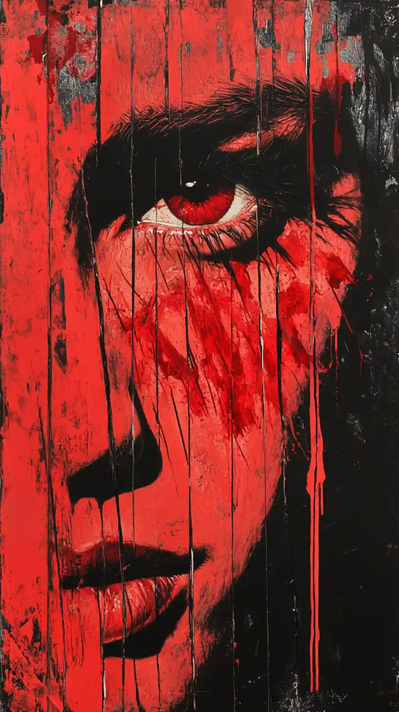 Fragmented minimal face with a single sharp crimson eye