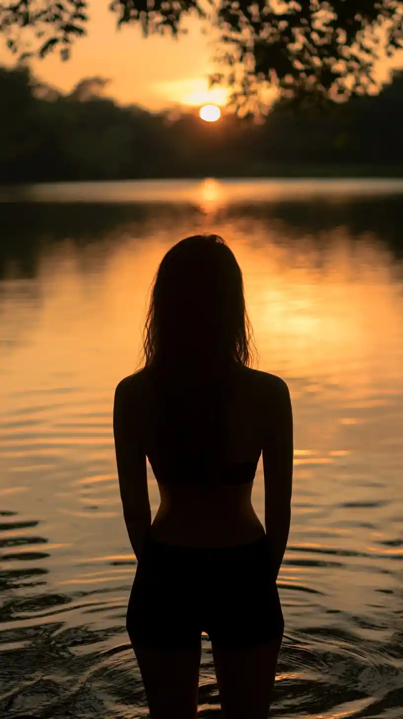 Woman standing by a calm lake at warm sunset glow