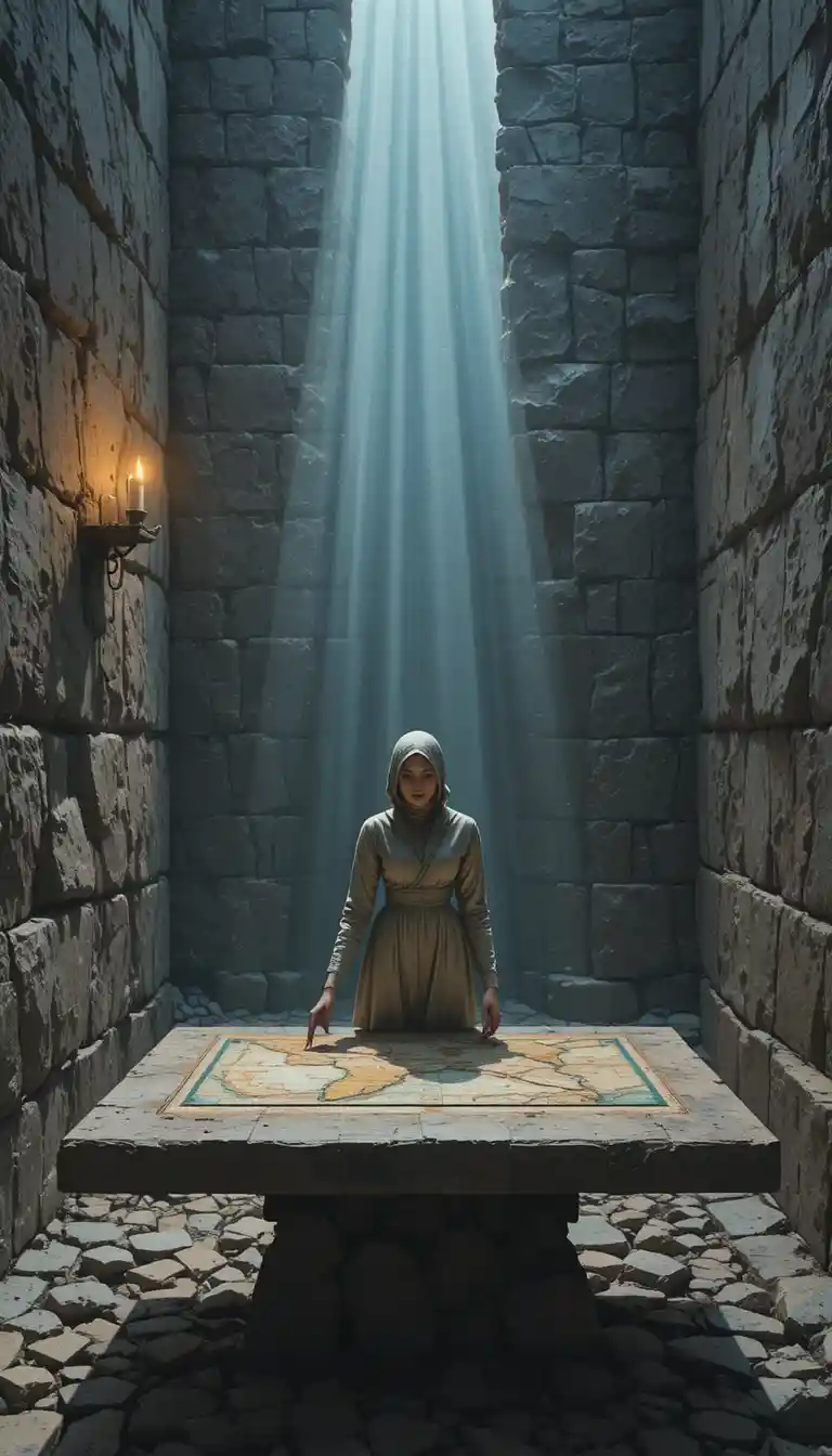 Noble woman at stone table lit by a single candle