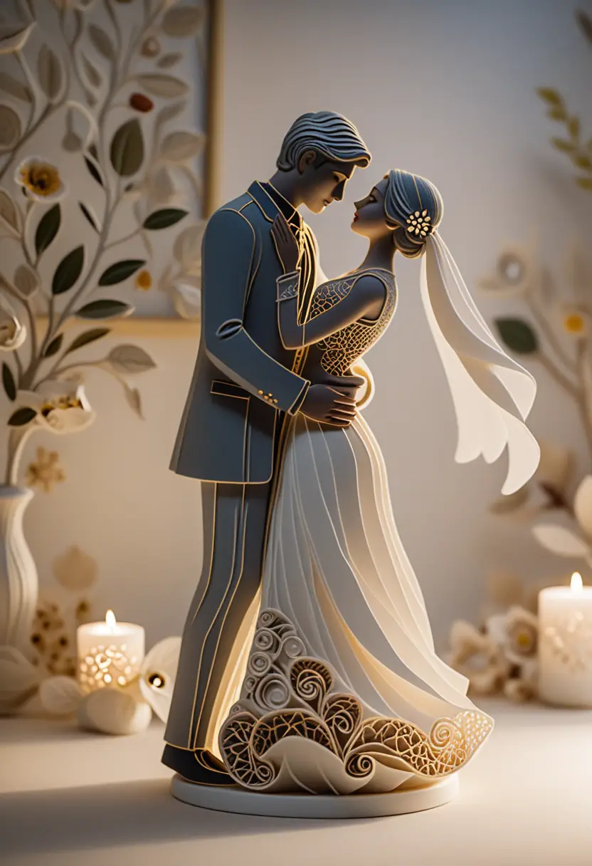 Romantic papier mache couple sculpture dancing by candlelight