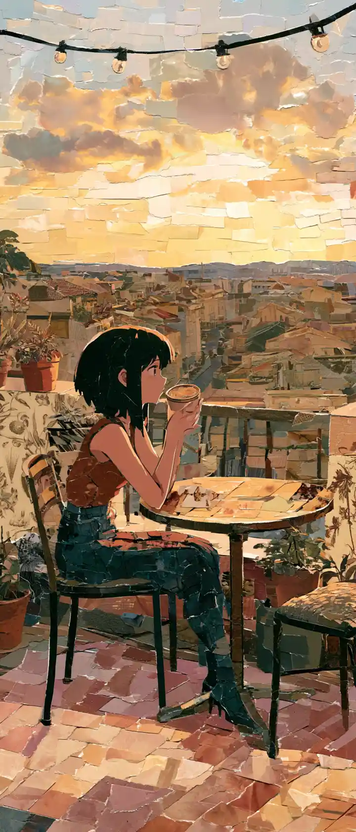 Anime girl at a rooftop cafe in golden hour collage
