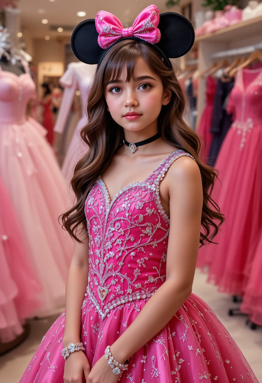 Young girl in pink Minnie dress at boutique shop