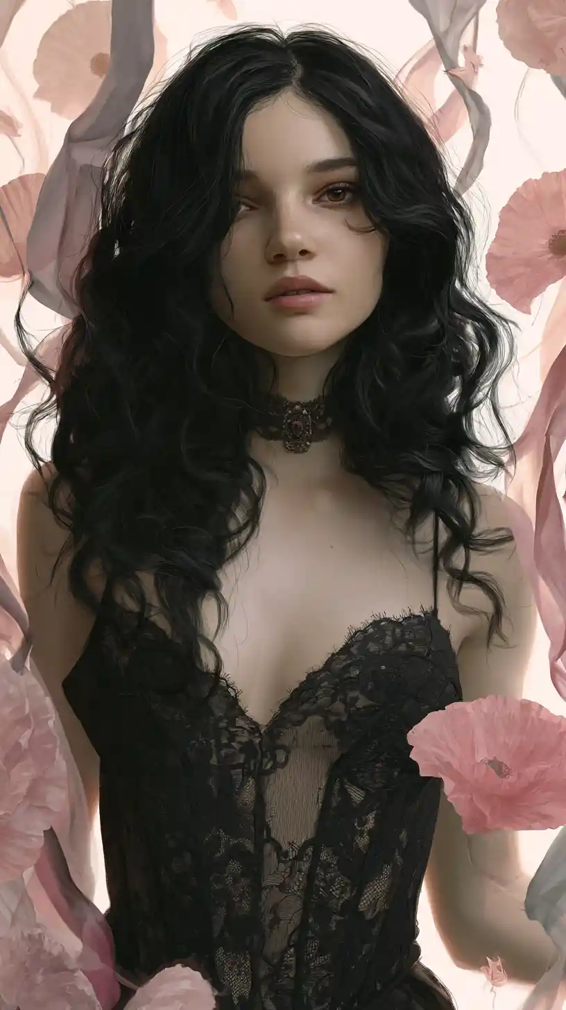 Gothic woman in black lace amid surreal pink poppies