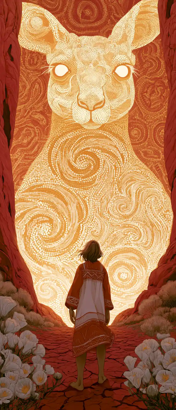Anime girl facing towering translucent kangaroo spirit at sunset