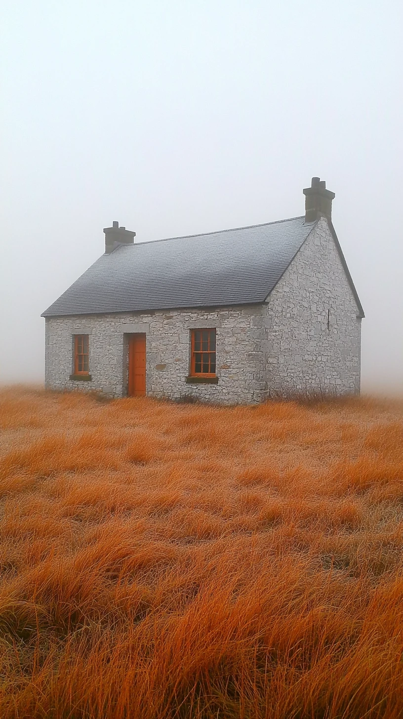 Foggy rural chapel in a quiet Scottish meadow