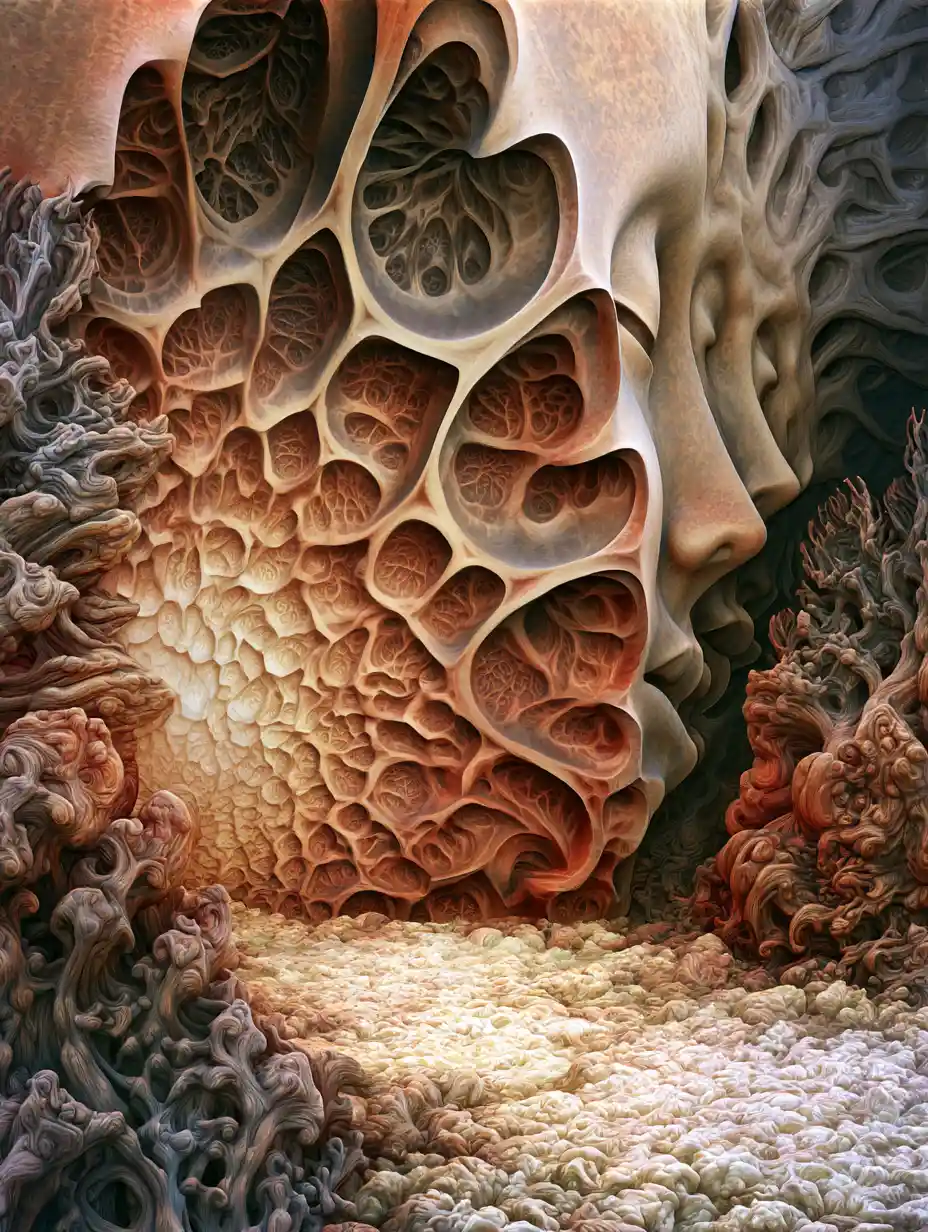 Colossal human figures rising from a glowing primeval mire
