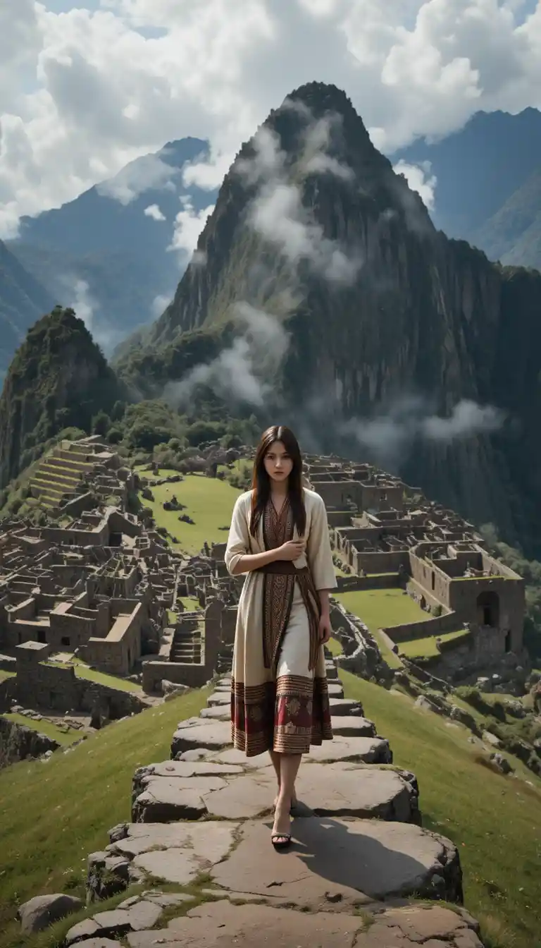 Young woman crossing stone paths in Machu Picchu mist