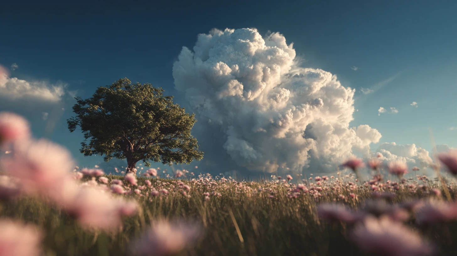 Lone tree in a pink wildflower meadow under towering clouds
