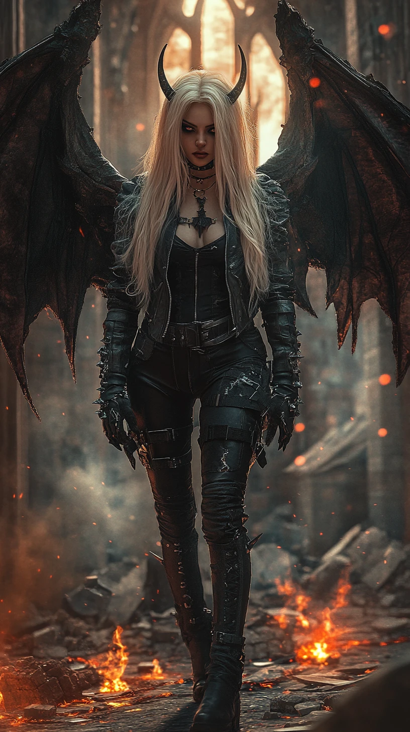 Gothic horned woman in ruins with vast dragon wings