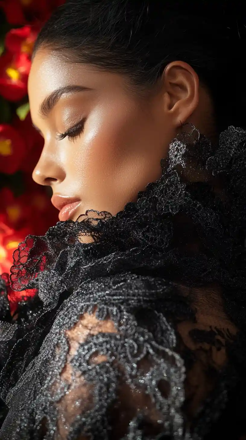 Brazilian woman in black couture coat with closed eyes