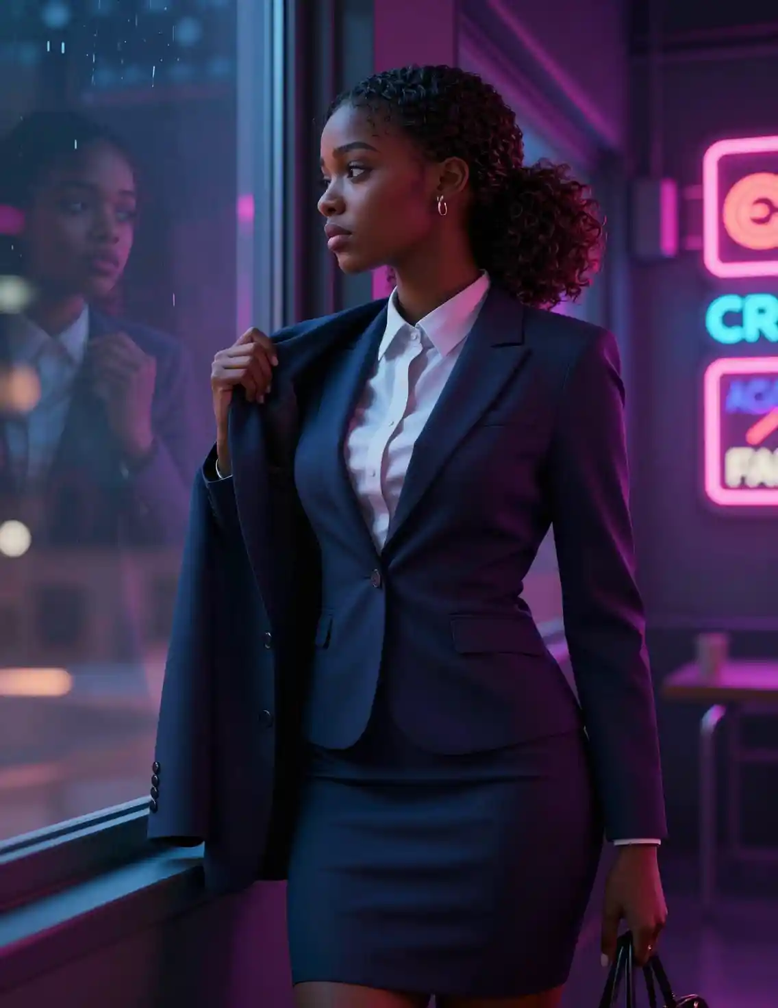 Thoughtful woman in business suit gazing out morning window