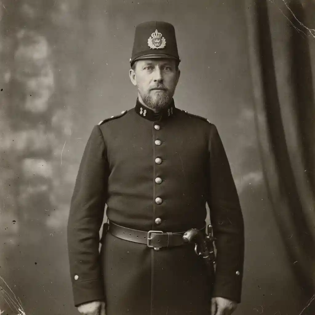 Retrato monocromático vintage de un policía sueco