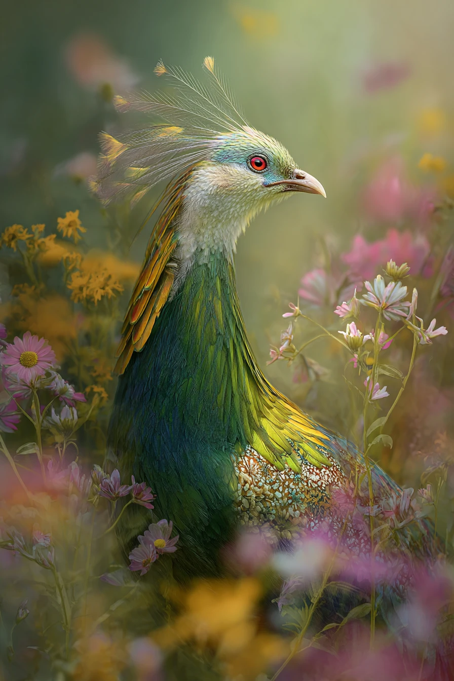 Mystical free spirited bird in a dreamy wildflower field