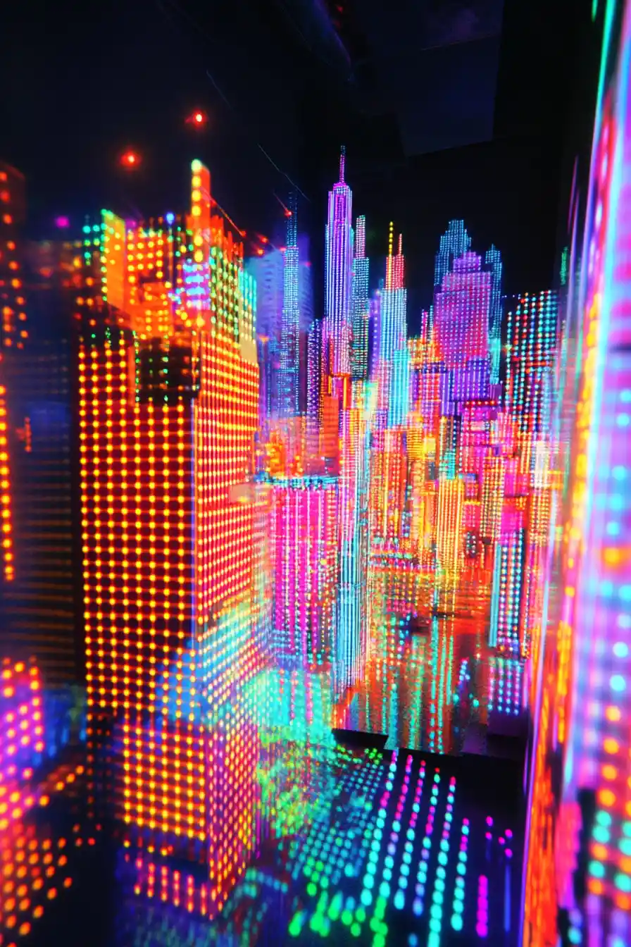 Symmetrical lite brite style landscape with glowing abstract forms