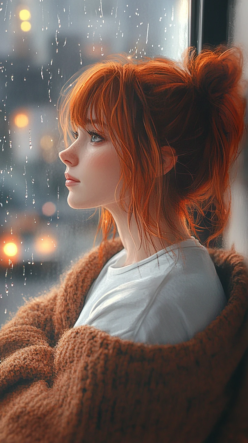 Anime girl gazing out a rainy window in soft light