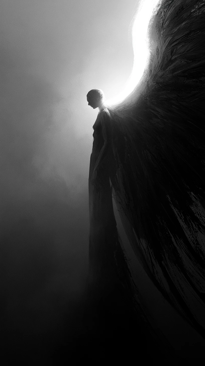 Backlit angel silhouette with sweeping wings in smoky darkness