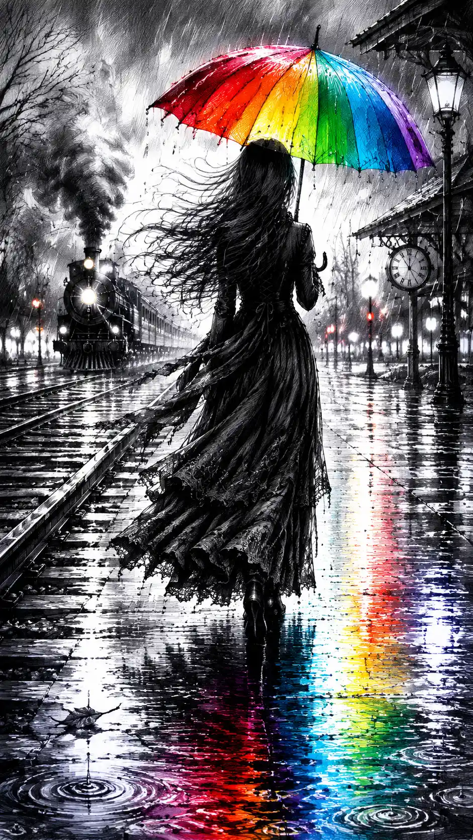 Girl with rainbow umbrella walking along rainy railway tracks