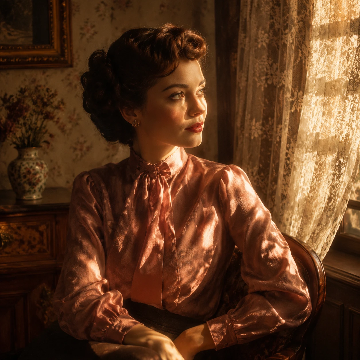 Elegant woman in 1940s fashion by a sunlit window