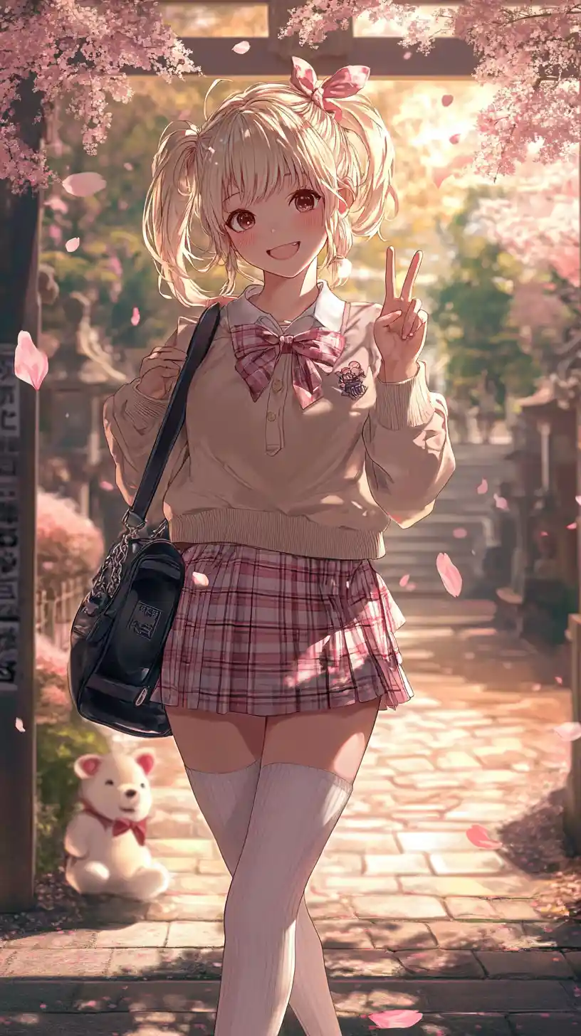 Anime schoolgirl posing under blooming cherry blossoms