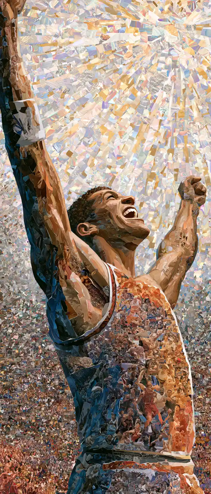 Collaged anime athlete exploding upward in victorious motion