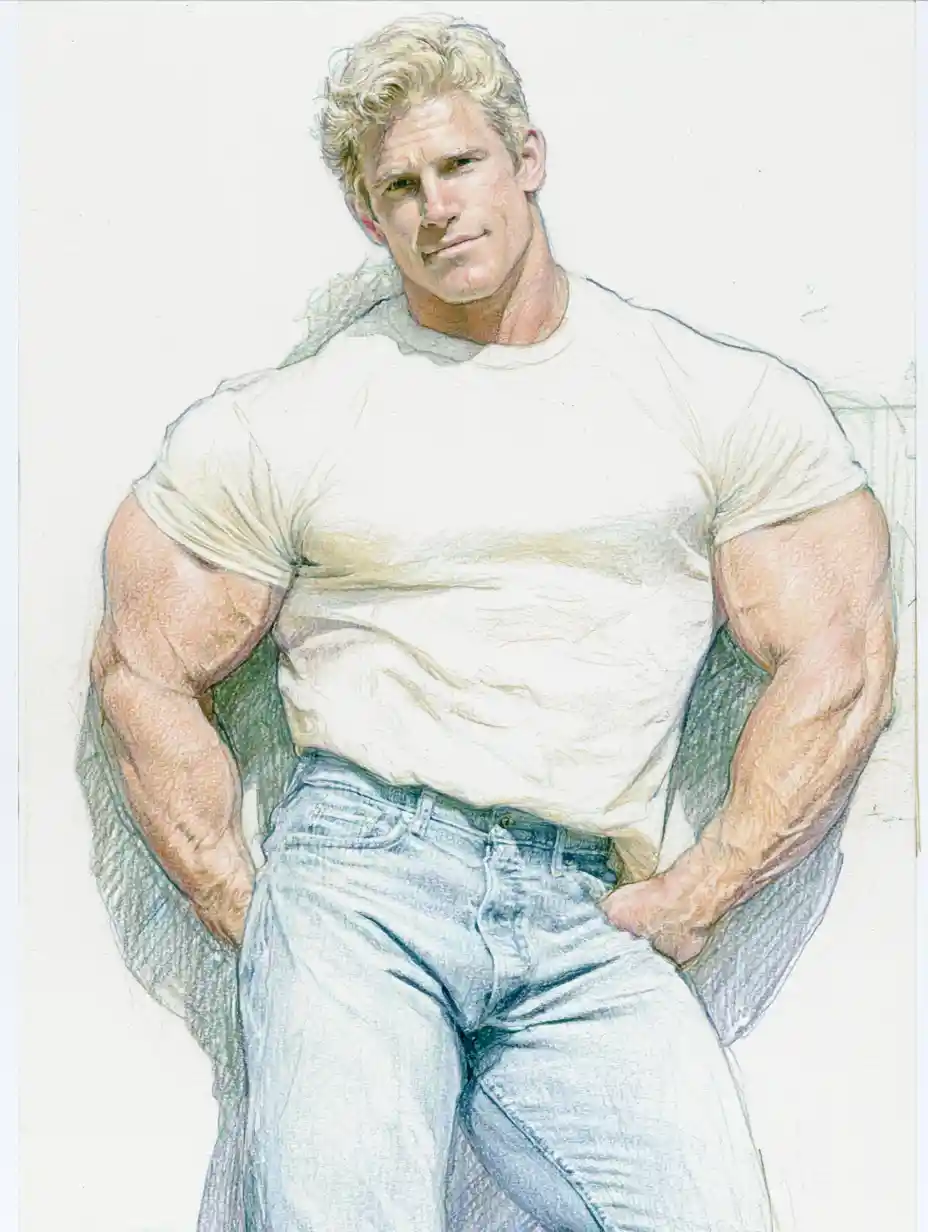 Muscular man in casual clothes outside a gritty city bar