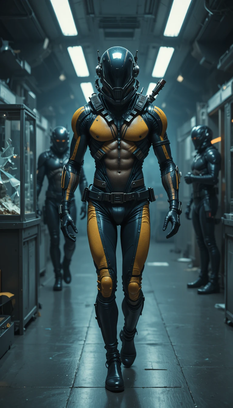 Armored sci fi warrior walking through a futuristic lab