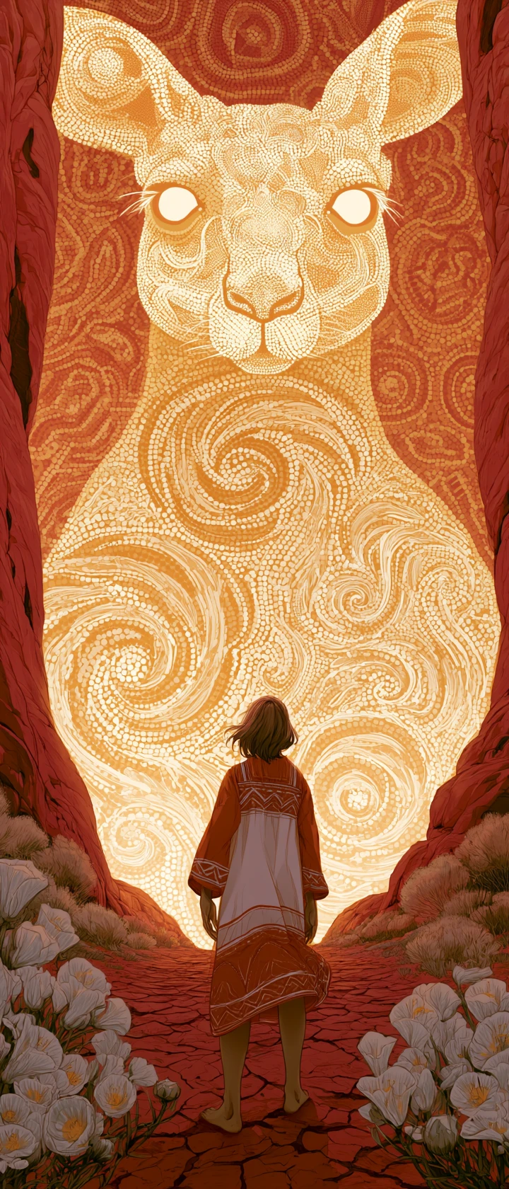 Anime girl facing towering translucent kangaroo spirit at sunset