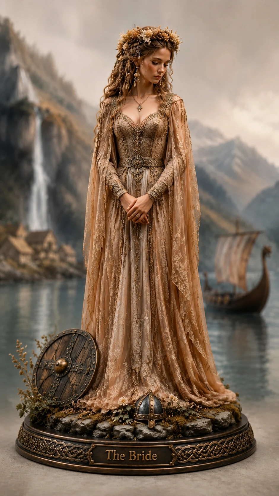 Front view of a viking bride figurine on a titled base