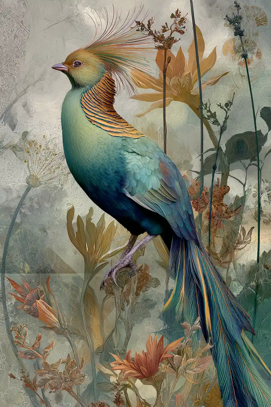 Mystical bird with glowing plumage in sunlit wildflower field