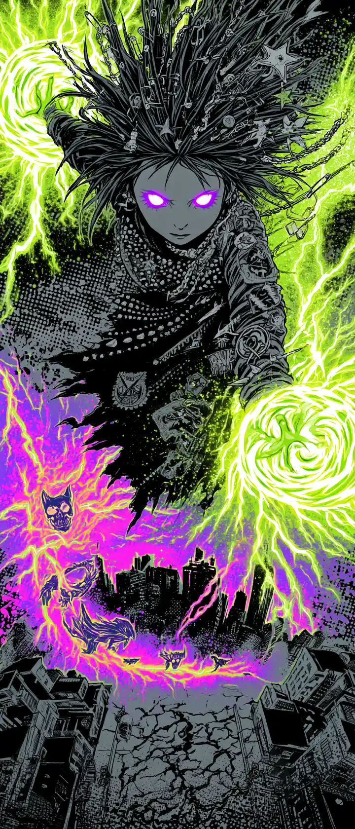 Anime witch unleashing neon chaos magic above city street