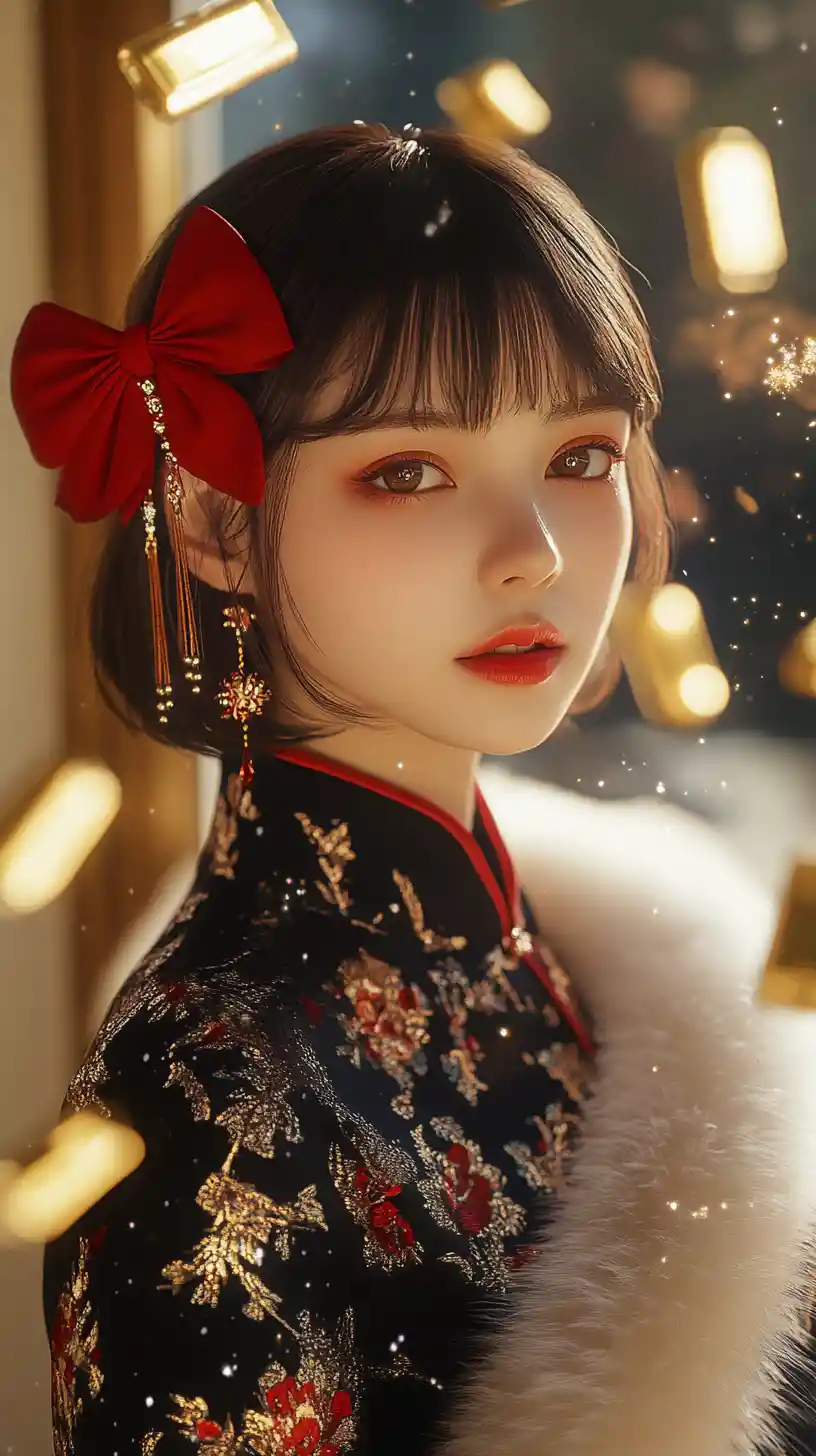 Elegant anime woman in red bow with golden ingots