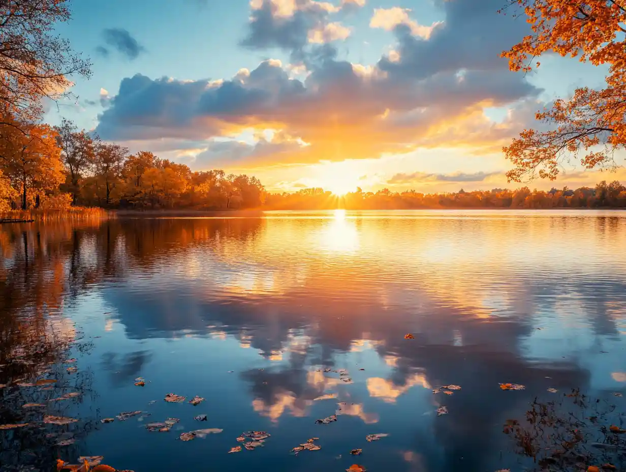 Serene lake landscape at sunset with perfect water reflection