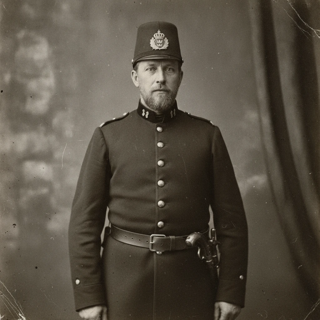 Vintage monochrome portrait of a Swedish police officer