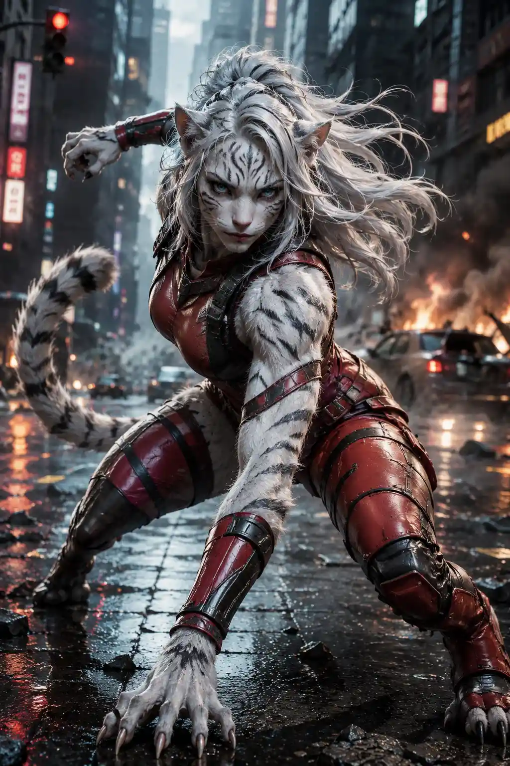 White weretiger heroine in tactical armor on city street