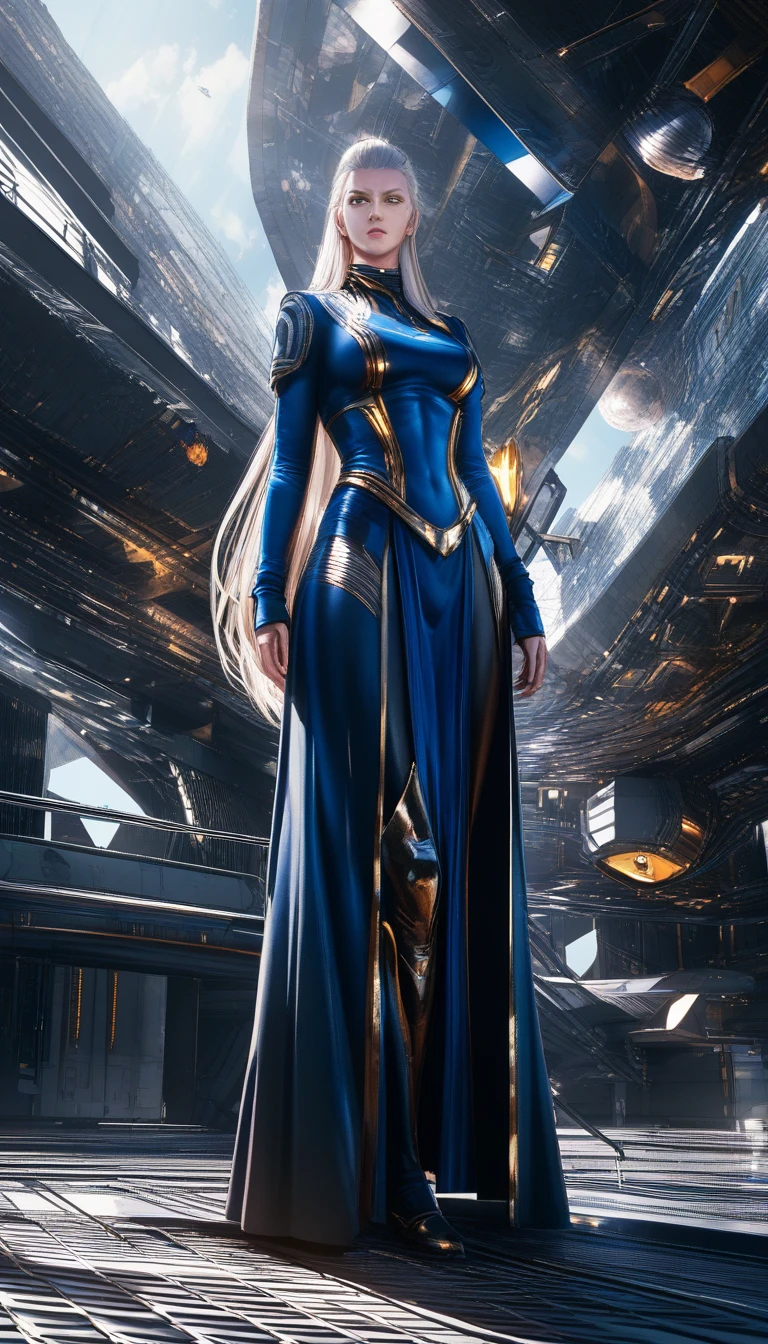 White haired sci fi woman on a distant space station