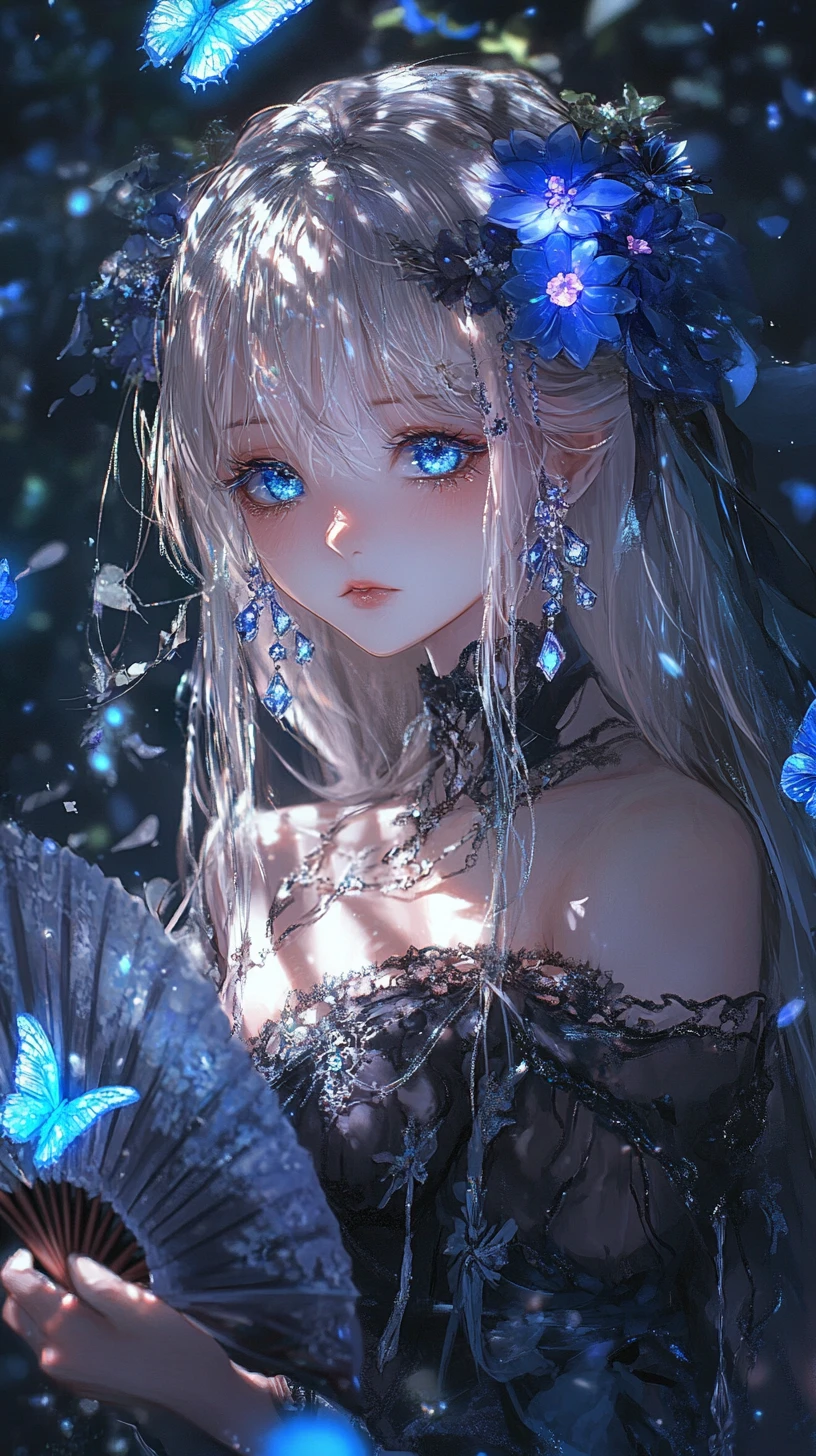 水晶の花と扇子を持つエーテルなアニメ少女