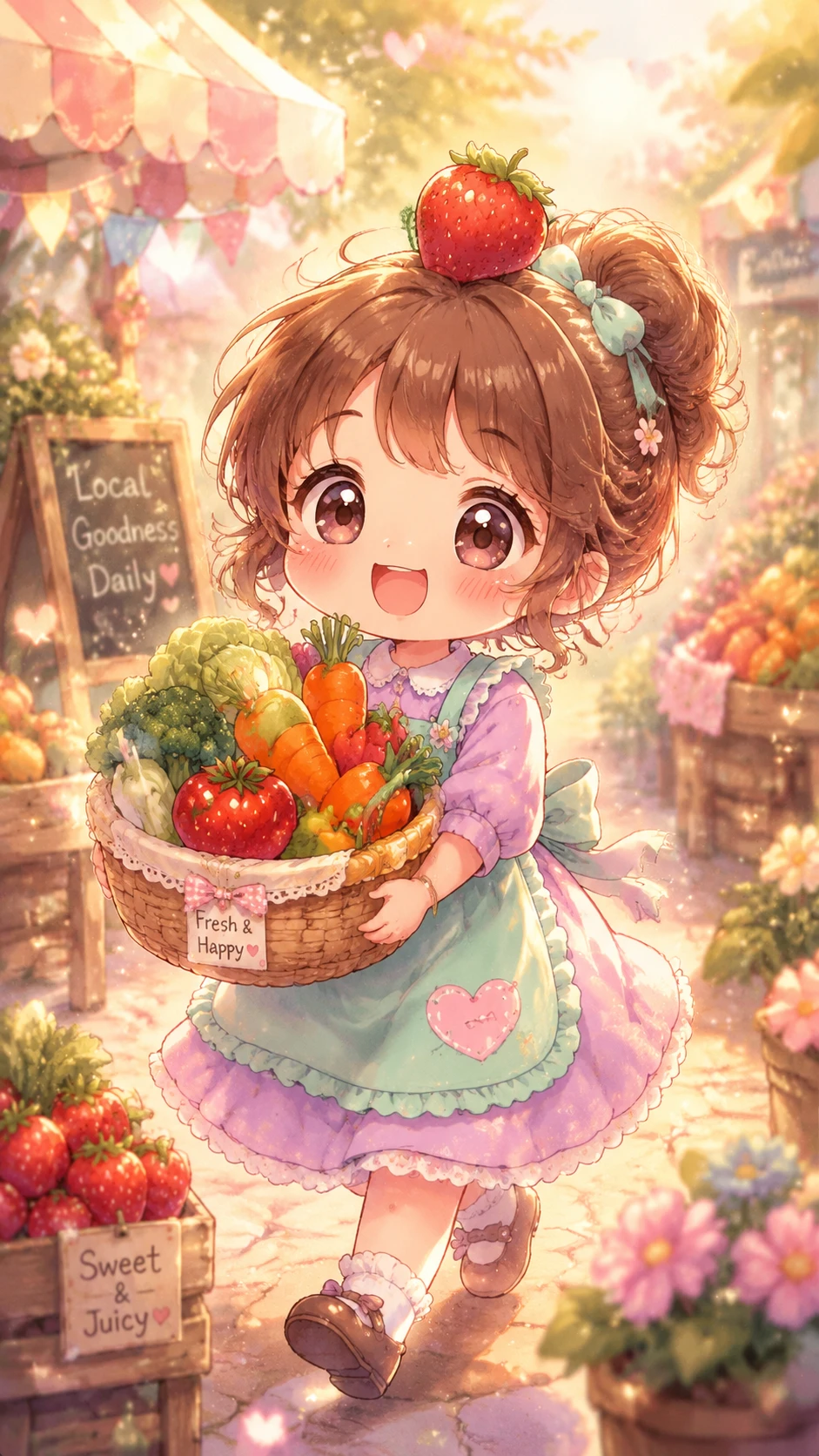 Alegre chica anime chibi en un mercado de agricultores en tonos pastel