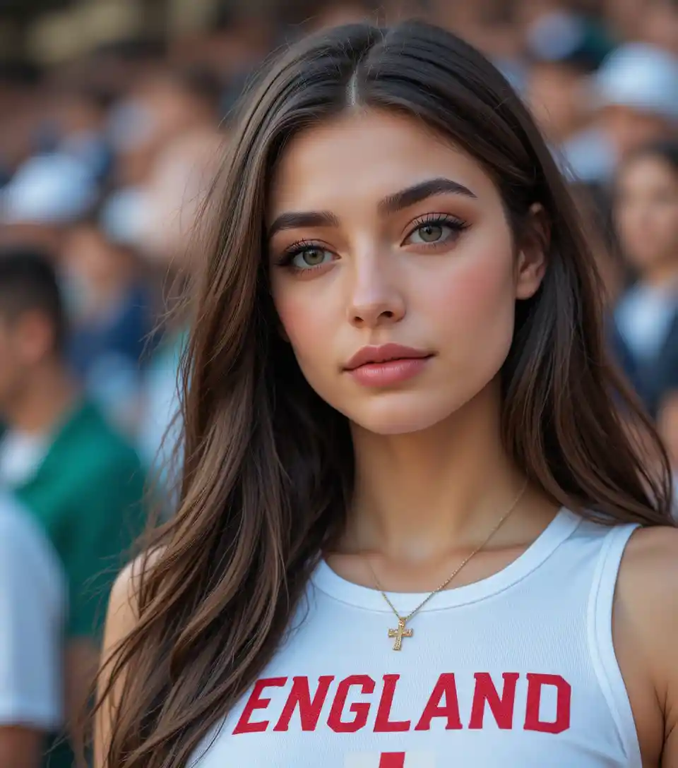 Young fan in england tank top at crowded sports stadium