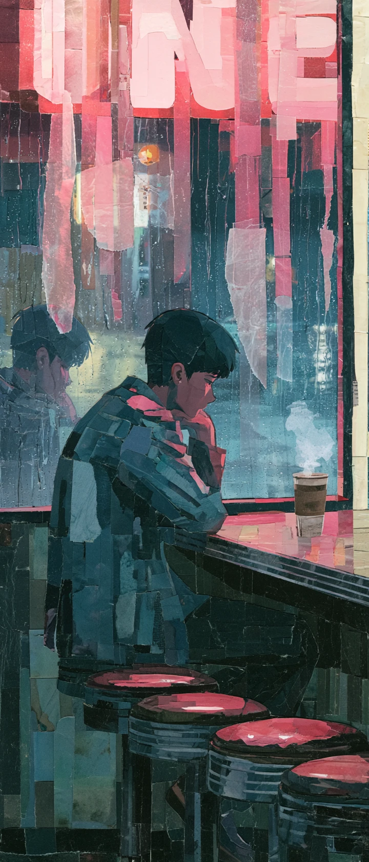 Melancholy anime man alone in a glowing midnight diner